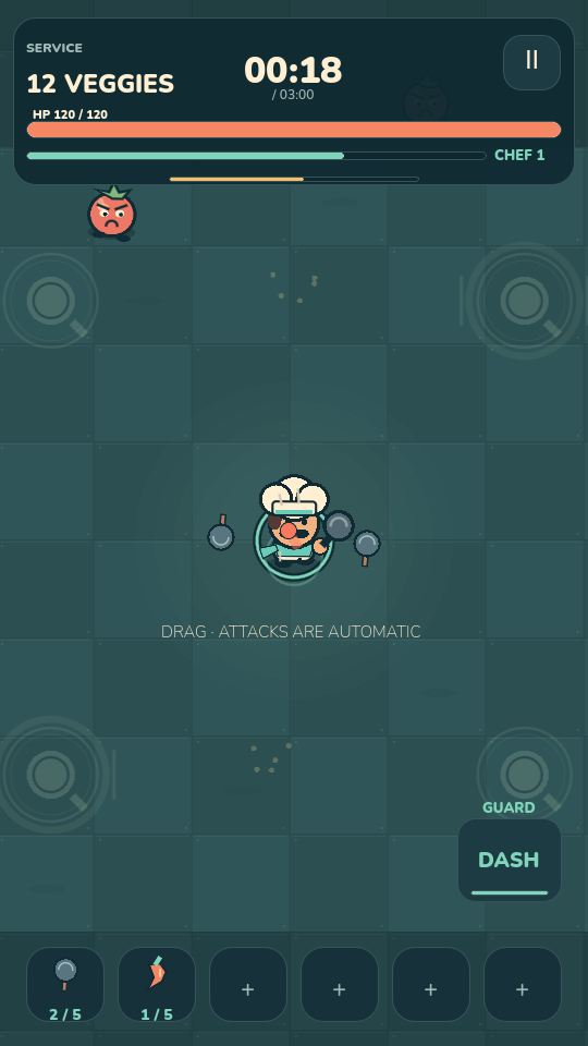 Kitchen Revolt survival gameplay with a chef, enemies and touch controls