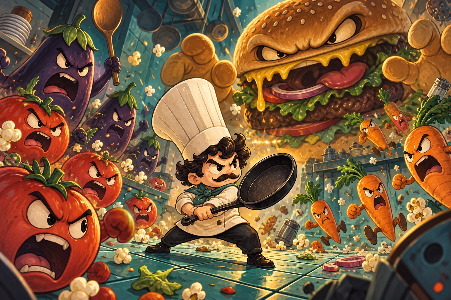 A determined chef with a frying pan faces rebellious vegetables and a giant burger in a chaotic kitchen.